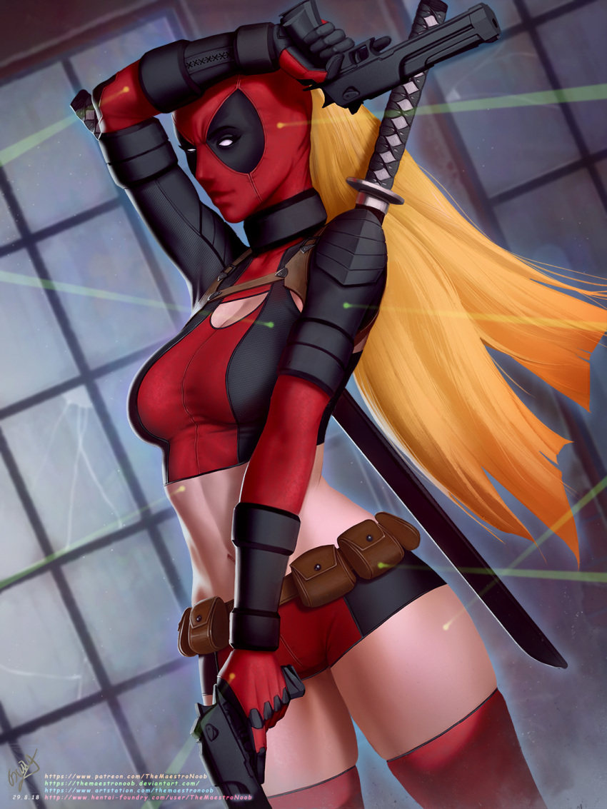 1girl arm_up belt black_mask black_shirt black_shorts blonde_hair brown_belt cowboy_shot deadpool deadpool_(movie) dual_wielding dutch_angle genderswap genderswap_(mtf) gun handgun highres holding holding_gun holding_weapon long_hair marvel pouch red_mask red_shirt red_shorts red_thighhighs shirt shorts solo themaestronoob thighhighs weapon weapon_on_back web_address white_eyes