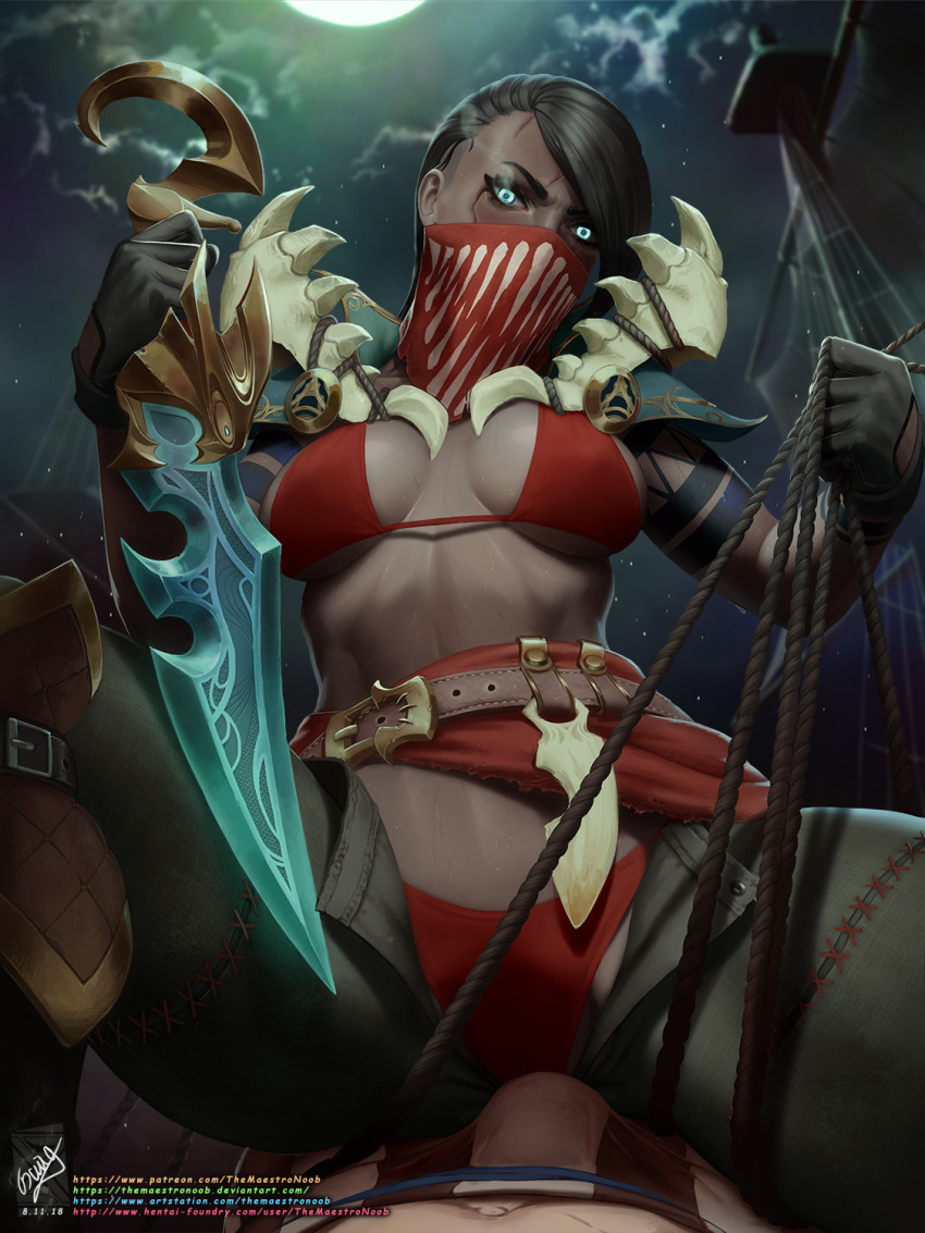 1boy 1girl belt bikini black_gloves black_hair black_pants bone breasts brown_belt bulge dark-skinned_female dark_skin fingerless_gloves gloves glowing glowing_eyes green_eyes highres holding holding_knife knife large_breasts league_of_legends long_hair mask moon mouth_mask pants pyke_(league_of_legends) red_bikini red_mask rope ship striped_clothes striped_pants swimsuit themaestronoob watercraft