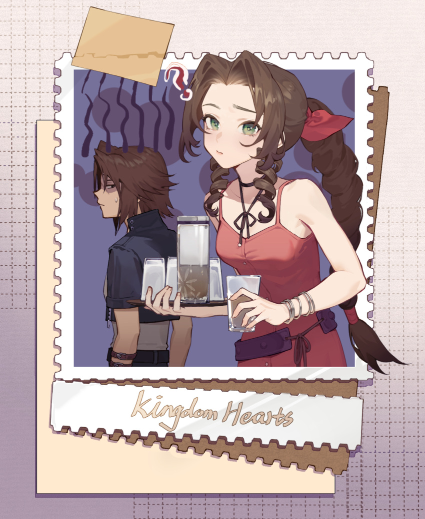 1boy 1girl ? aerith_gainsborough arm_strap bangle bare_shoulders belt black_jacket bracelet braid braided_ponytail breasts choker cropped_jacket cup curly_hair dress final_fantasy final_fantasy_vii final_fantasy_viii green_eyes hair_ribbon highres holding holding_cup holding_tray jacket jewelry kingdom_hearts lilith-lily long_hair loose_belt medium_breasts medium_hair official_alternate_costume parted_bangs photo_(object) pink_dress pink_ribbon purple_belt ribbon ribbon_choker scar scar_on_face shirt short_sleeves sidelocks single_braid sleeveless sleeveless_dress squall_leonhart sweatdrop tape tea tray upper_body white_shirt