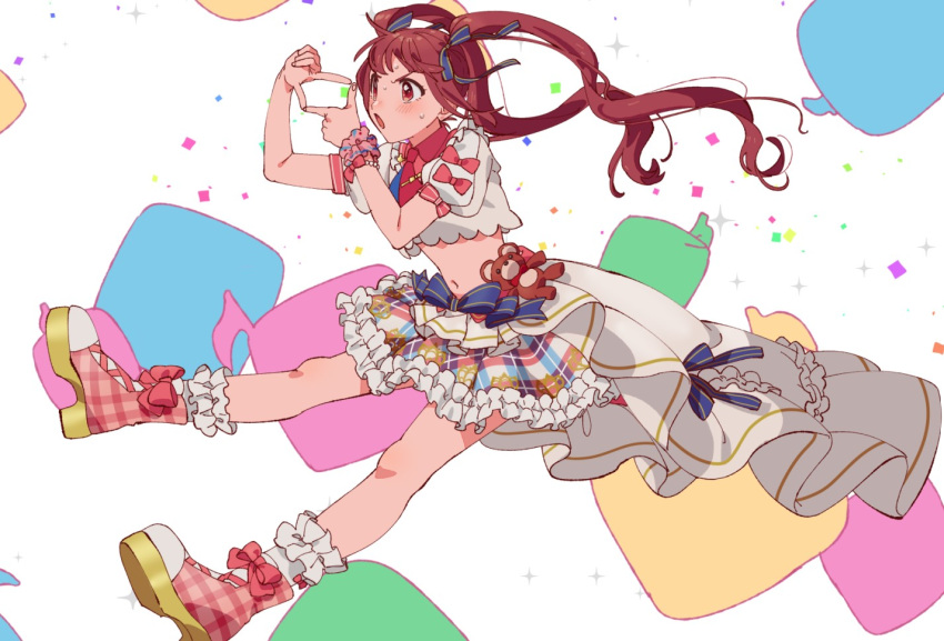 1girl ankle_boots bead_bracelet beads blue_bow blue_ribbon blush boots bow bracelet breasts brown_eyes brown_hair collar crop_top cropped_shirt dress_bow finger_frame floating_hair frilled_skirt frilled_socks frills from_side full_body hair_bow hair_ribbon hoyaza1561 idolmaster idolmaster_million_live! idolmaster_million_live!_theater_days idolmaster_poplinks jewelry long_hair looking_at_another matsuda_arisa medium_breasts midriff miniskirt multicolored_clothes multicolored_skirt musical_note navel necktie open_mouth overskirt pink_footwear pink_ribbon pink_scrunchie plaid plaid_footwear plaid_skirt puffy_short_sleeves puffy_sleeves red_collar red_necktie ribbon scrunchie shirt short_sleeves skirt socks solo stuffed_animal stuffed_toy sweat teddy_bear tie_clip twintails v-shaped_eyebrows white_background white_shirt white_skirt white_socks wrist_ribbon wrist_scrunchie