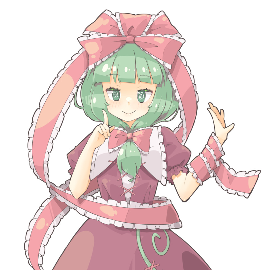 1girl @_@ arnest bow dress frilled_bow frilled_ribbon frills front_ponytail green_eyes green_hair hair_bow hair_ribbon highres kagiyama_hina red_bow red_dress red_ribbon ribbon touhou wrist_ribbon