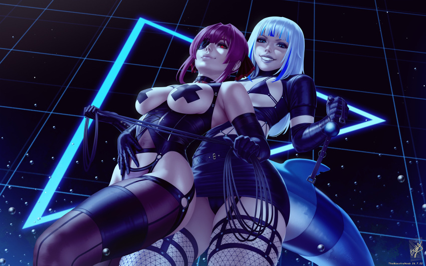 2girls alternate_costume ball_gag bare_shoulders black_background black_gloves black_panties black_thighhighs breasts cameltoe elbow_gloves feet_out_of_frame fins fish_tail gag gawr_gura gloves grey_hair grin highres holding holding_gag holding_whip hololive hololive_english houshou_marine large_breasts long_hair looking_at_viewer medium_breasts multicolored_hair multiple_girls panties pasties pink_hair pink_theme shark_tail shiny_skin smile tail teeth themaestronoob thighhighs two-tone_hair underwear unworn_gag