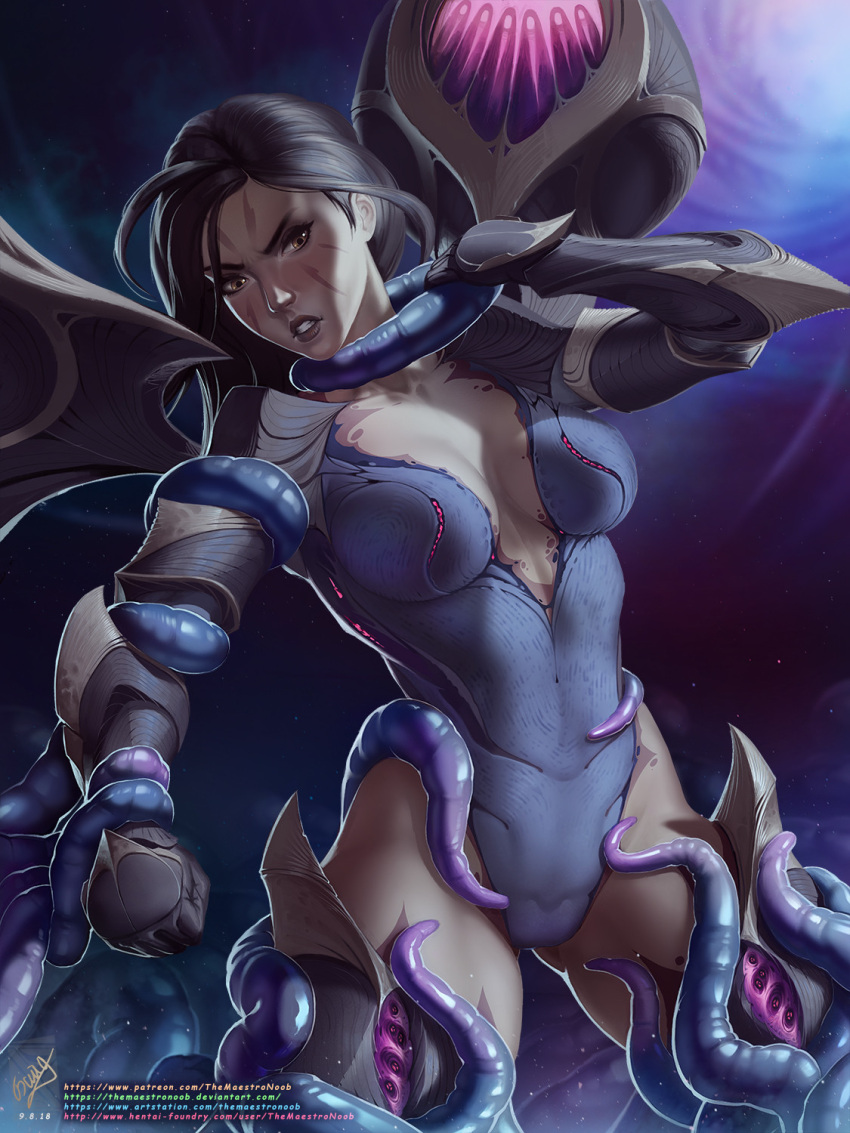 1girl black_gloves breasts clenched_hand collarbone cowboy_shot gloves grey_leotard hand_up highres kai'sa large_breasts league_of_legends legs_apart leotard monster purple_background restrained solo starry_background teeth tentacles themaestronoob web_address wings