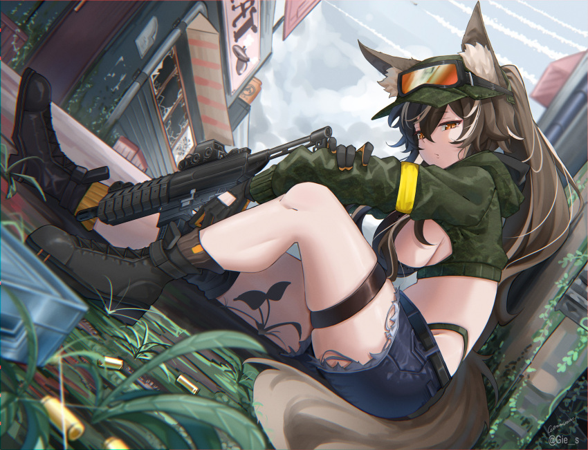 1girl absurdres animal_ears ankle_boots armband bikini black_bikini black_bikini_bottom boots brown_hair callisto_(greyeth) cape commission cropped_jacket gie_(gienara) gloves goggles goggles_on_headwear highres holding holding_weapon multicolored_hair orange_eyes original ponytail shell_casing short_shorts shorts sitting streaked_hair swimsuit thigh_strap twitter_username weapon weapon_request wolf_ears yellow_armband
