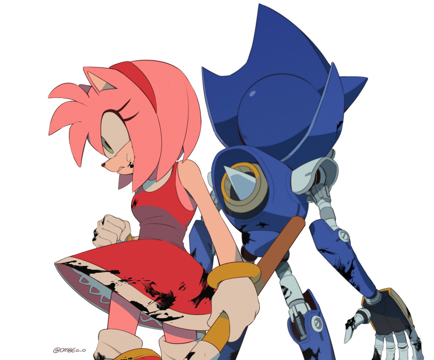 1boy 1girl amy_rose animal_ears animal_nose armor artist_name back bare_shoulders blue_armor bolt bracelet breasts clenched_hand dress eyelashes fake_animal_ears fake_claws furry furry_female gloves gold_bracelet green_eyes grey_armor hairband hammer hand_up hedgehog_ears hedgehog_girl highres holding holding_hammer holding_weapon jewelry looking_to_the_side mechanical_arms mechanical_hands medium_breasts metal_sonic multicolored_armor ombeo_o pink_fur red_dress red_hairband robot simple_background sleeveless sleeveless_dress socks sonic_(series) standing sweatdrop teeth weapon white_background white_gloves white_socks