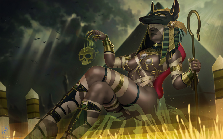 1girl animal animal_hat anubis_(mythology) ass bandaged_leg bandages bandages_over_eyes bare_shoulders bird breasts claw_ring closed_mouth covered_eyes crossed_legs dark-skinned_female dark_skin dog_hat hat highres holding holding_staff large_breasts magic mole mole_under_mouth original pyramid_(structure) shiny_skin skull smile solo staff themaestronoob thighlet