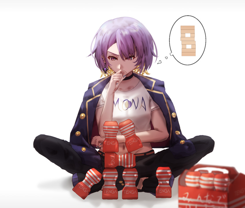 1girl absurdres earrings hh_(hehexd06161704) highres hololive hololive_indonesia indian_style jacket jacket_on_shoulders jenga jewelry midriff misunderstanding moona_hoshinova navel pants purple_hair purple_nails short_hair single_earring sitting tenga thinking virtual_youtuber