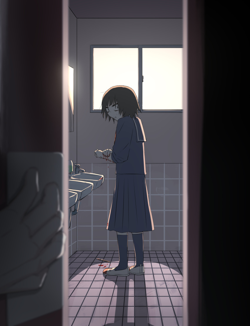 1girl 1other absurdres ambiguous_gender avogado6 backlighting bags_under_eyes bathroom black_eyes black_hair bleeding blood blue_sailor_collar blue_serafuku blue_skirt blue_socks blurry blurry_foreground caught covering_injury hand_on_own_arm highres indoors kneehighs long_skirt looking_at_viewer nervous_sweating original overexposure pov pov_hands sailor_collar scalpel school school_uniform self-harm serafuku shadow shoes short_hair skirt sleeve_pushed_up socks solo standing sweat tile_floor tiles uwabaki walk-in wide-eyed window wrist_cutting