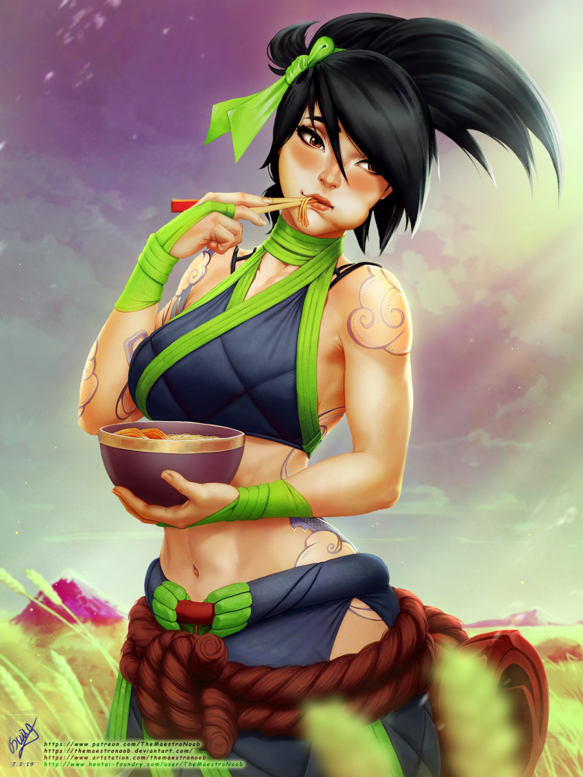 1girl akali arm_tattoo artist_name artstation_username black_hair blush bowl breasts brown_eyes chopsticks chopsticks_in_mouth clothing_cutout cloud cowboy_shot crop_top day deviantart_username eating field fingerless_gloves food food_in_mouth full-body_tattoo gloves grass grasslands green_gloves green_ribbon hair_between_eyes hair_ribbon hentai-foundry_username highres holding holding_bowl league_of_legends looking_to_the_side medium_breasts midriff mountain navel ninja noodles patreon_username ponytail ramen ribbon rope rope_belt shoulder_tattoo signature solo sunlight tattoo themaestronoob variant_set