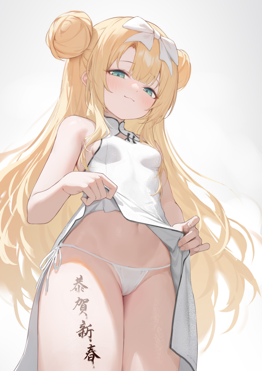 1girl absurdres blonde_hair body_writing bow breasts china_dress chinese_clothes clothes_lift commentary_request double_bun dress green_eyes hagi_(ame_hagi) hair_bow hair_bun highres long_hair looking_at_viewer navel original panties partial_commentary petite side-tie_panties small_breasts solo thighs translation_request underwear white_background white_dress white_panties