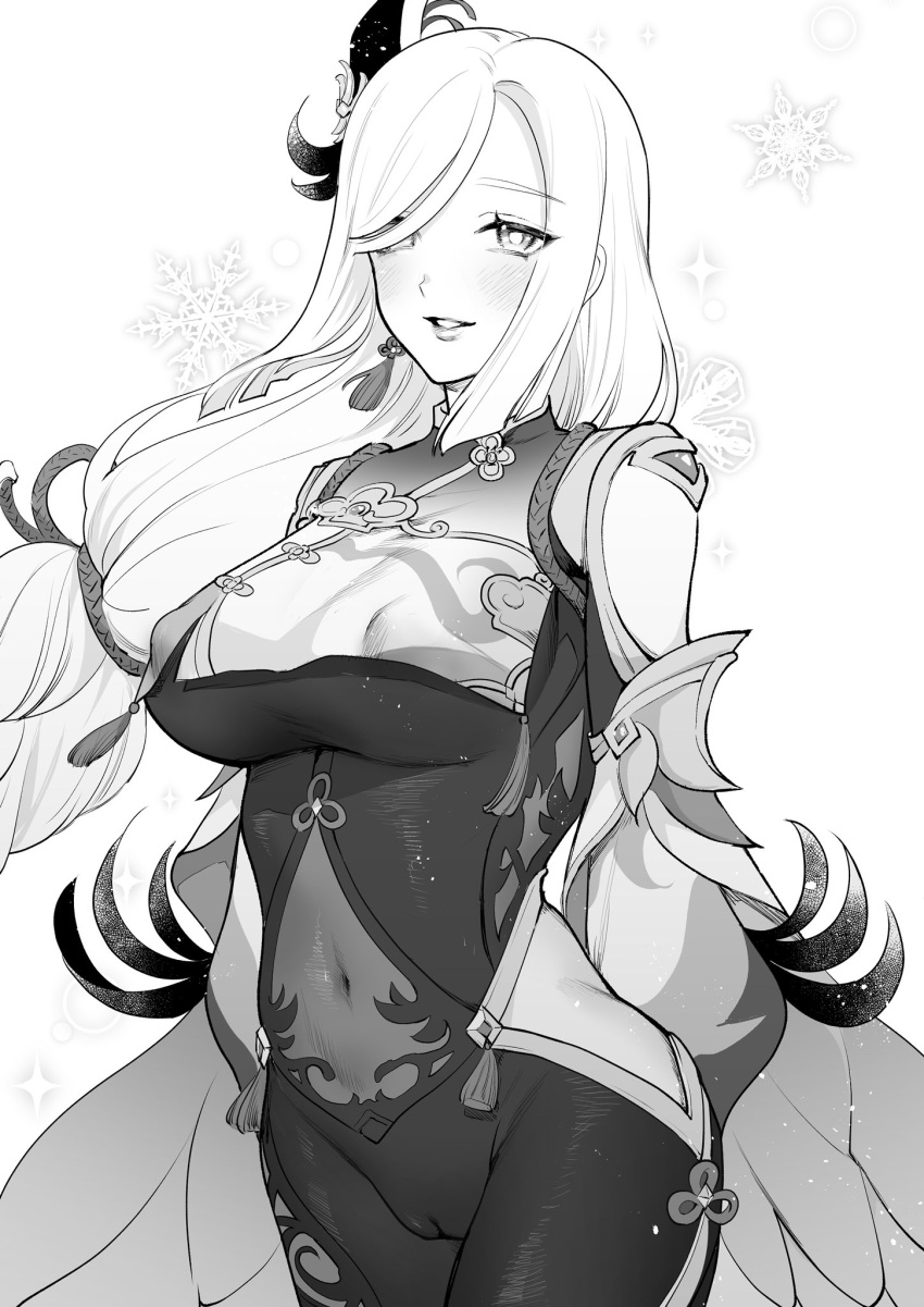 1girl blush bodysuit breast_curtains breasts cameltoe covered_navel covered_nipples earrings floating_hair genshin_impact greyscale hagyouayumu hair_ornament hair_over_one_eye highres hip_vent impossible_bodysuit impossible_clothes jewelry large_breasts long_braid long_hair long_sleeves looking_at_viewer monochrome parted_lips shenhe_(genshin_impact) sidelocks snowflake_background solo tassel tassel_earrings