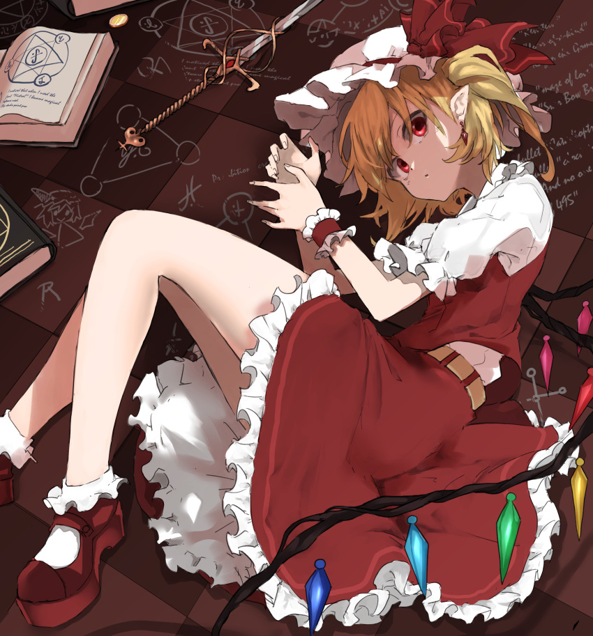 1girl absurdres belt blonde_hair bobby_socks book brown_background checkered_floor closed_mouth flandre_scarlet frilled_skirt frilled_sleeves frills full_body hat hat_ribbon highres jeffree07 looking_at_viewer lying mary_janes medium_hair medium_skirt mob_cap multicolored_wings on_floor on_side open_book pointy_ears puffy_short_sleeves puffy_sleeves red_eyes red_footwear red_ribbon red_skirt red_vest ribbon shirt shoes short_sleeves skirt socks solo sword touhou vest weapon white_headwear white_shirt white_socks wings wrist_cuffs yellow_belt