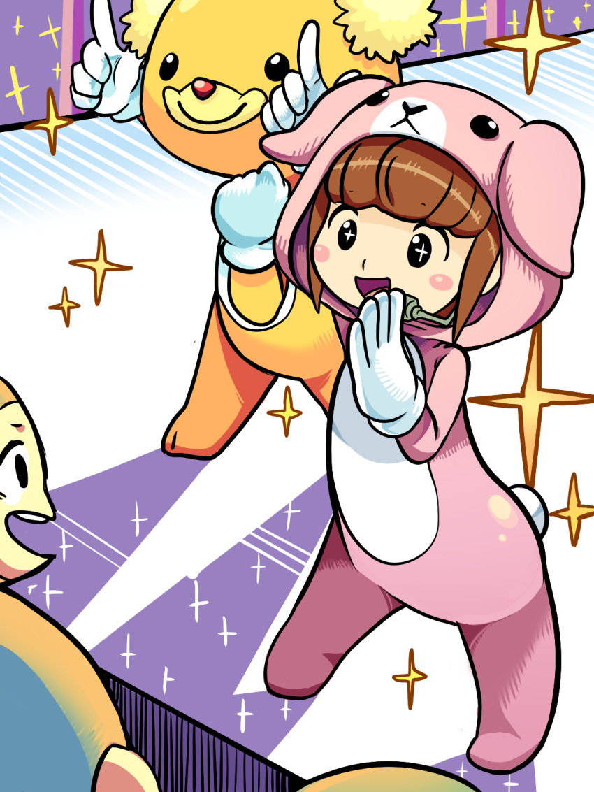 1girl :d animal_costume animal_ears animal_hood audience black_eyes blush brown_hair commentary fake_animal_ears fake_tail gloves highres hood idol_(rhythm_tengoku) looking_at_another microphone monkey_(rhythm_tengoku) music open_mouth pointing rhythm_tengoku singing smile sparkle sparkling_eyes stage tail tory