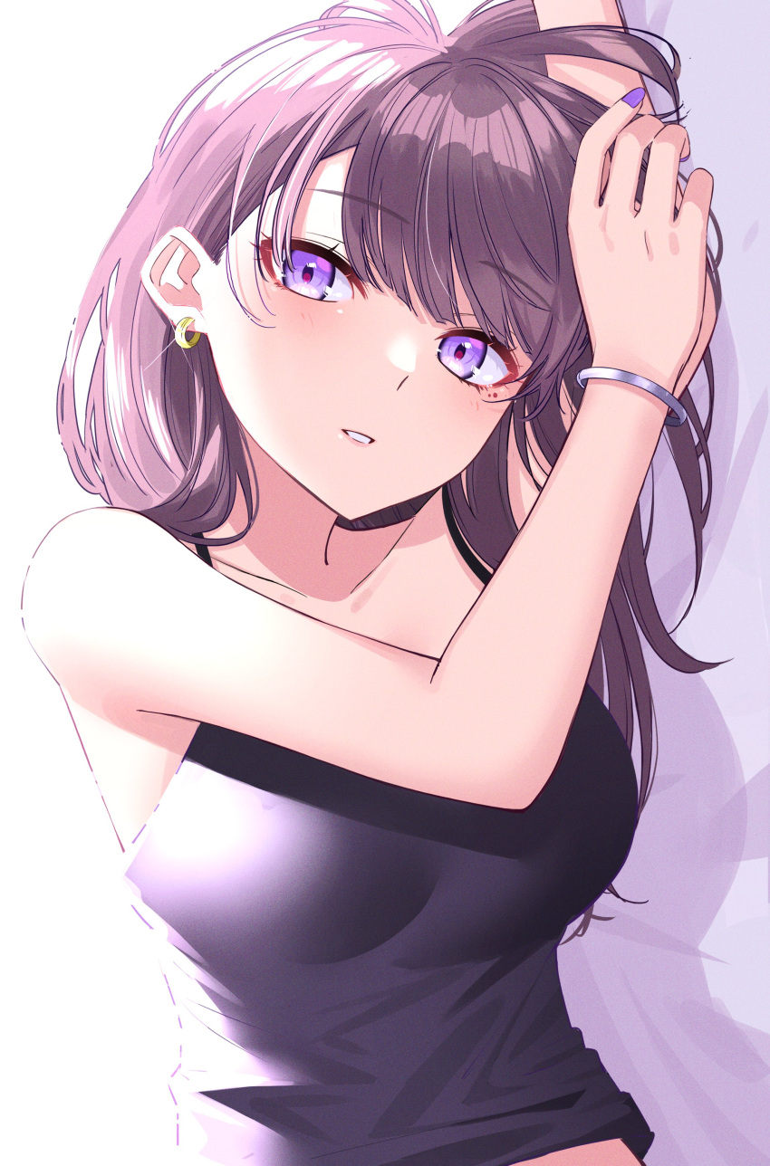 1girl absurdres arm_across_chest arm_rest arm_up backlighting blush bracelet breasts brown_hair collarbone commentary earrings eyelashes highres ichiki_1 jewelry large_breasts long_hair looking_at_viewer lying midriff_peek mole mole_under_eye nail_polish on_side original parted_lips purple_eyes purple_nails purple_shirt shadow shiny shiny_hair shirt sleeveless sleeveless_shirt smile solo