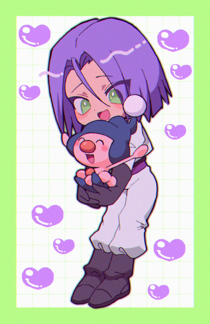 1boy blue_hair blush chibi green_eyes happy heart highres james_(pokemon) macchiromomomo mime_jr. pokemon pokemon_(anime) pokemon_(classic_anime) pokemon_(creature) team_rocket team_rocket_uniform white_background