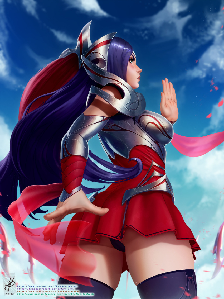 1girl armor ass black_thighhighs blue_eyes blue_sky blush boobplate breastplate breasts closed_mouth cloud commentary day english_commentary from_behind from_below hair_ornament highres irelia large_breasts league_of_legends long_hair multicolored_hair photoshop_(medium) purple_hair sky solo themaestronoob thighhighs