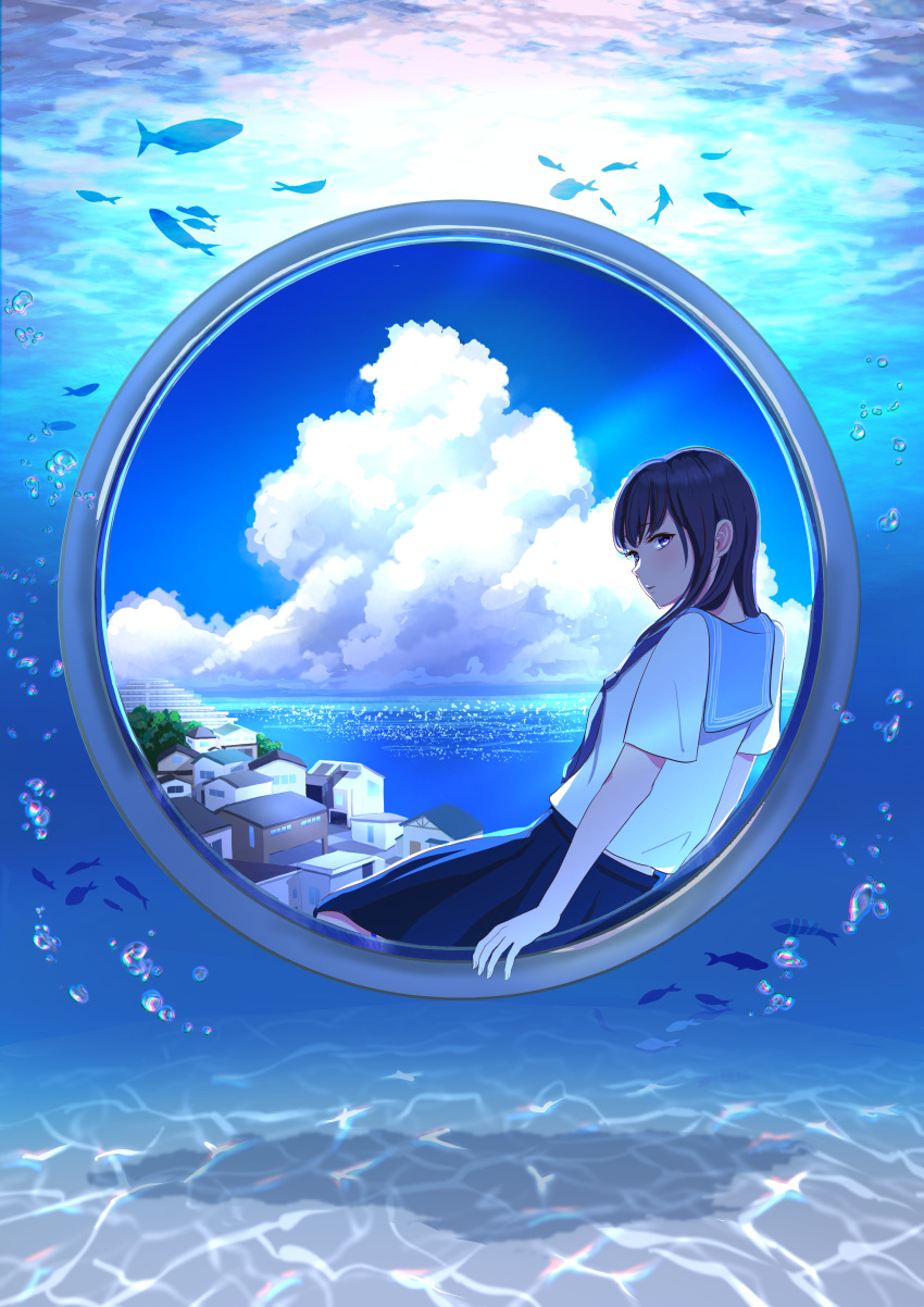 1girl absurdres black_hair blue_eyes blue_necktie blue_skirt blue_sky bubble cloud cumulonimbus_cloud english_commentary fish highres house long_hair looking_at_viewer nap_on_a_cloud necktie ocean original porthole school_uniform serafuku shirt sitting skirt sky solo summer town underwater white_shirt