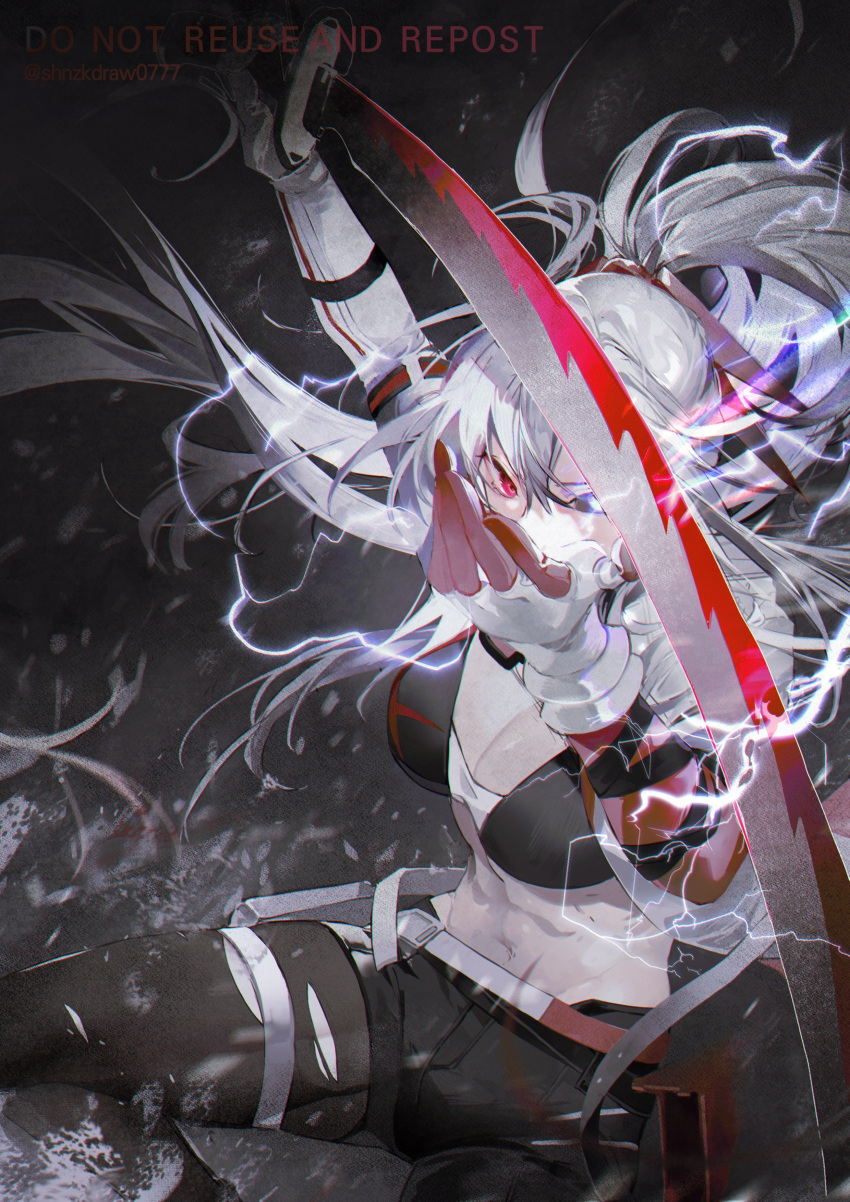 1girl absurdres alpha_(punishing:_gray_raven) bandaged_arm bandages black_bandages black_bra black_leggings black_pantyhose bra electricity grey_eyes grey_hair hair_between_eyes heterochromia highres holding holding_sword holding_weapon katana leggings long_hair lucia:_crimson_weave_(punishing:_gray_raven) mechanical_arms navel pantyhose ponytail punishing:_gray_raven red_eyes shnzkdraw0777 single_leg_pantyhose single_mechanical_arm solo sports_bra sword twitter_username underwear weapon