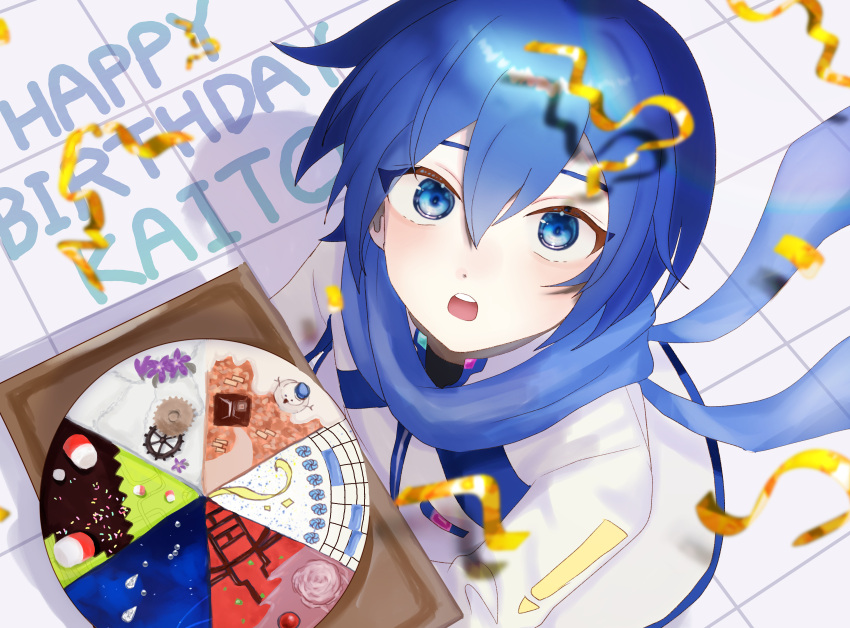 1boy absurdres ayapipi12 birthday_cake blue_eyes blue_hair blue_scarf cake character_name coat commentary confetti flower food gears happy_birthday highres icing kaito_(vocaloid) looking_at_viewer looking_up male_focus marshmallow open_mouth purple_flower scarf snowman songover sprinkles teeth upper_teeth_only vocaloid white_coat