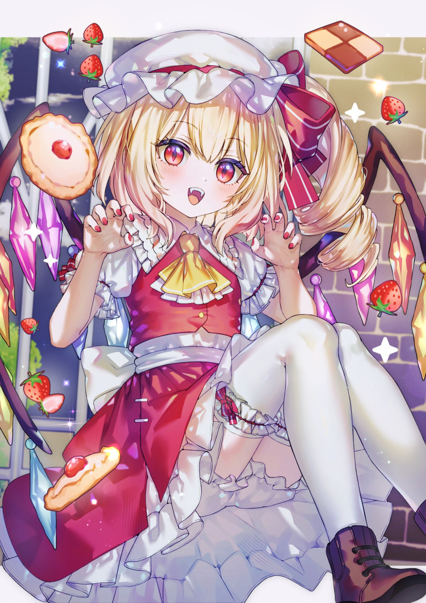 1girl :d blonde_hair bloomers boots brick_wall brown_footwear checkerboard_cookie commentary_request cookie crystal diamond-shaped_pupils diamond_(shape) drill_hair fangs flandre_scarlet food foot_out_of_frame frilled_skirt frilled_sleeves frills fruit hair_between_eyes hands_up hat hat_ribbon here_(hr_rz_ggg) highres knees_up long_hair mob_cap open_mouth red_eyes red_nails red_ribbon red_skirt red_vest ribbon shirt short_sleeves side_drill skirt smile solo strawberry symbol-shaped_pupils thighhighs touhou vest white_bloomers white_headwear white_shirt white_thighhighs window wings