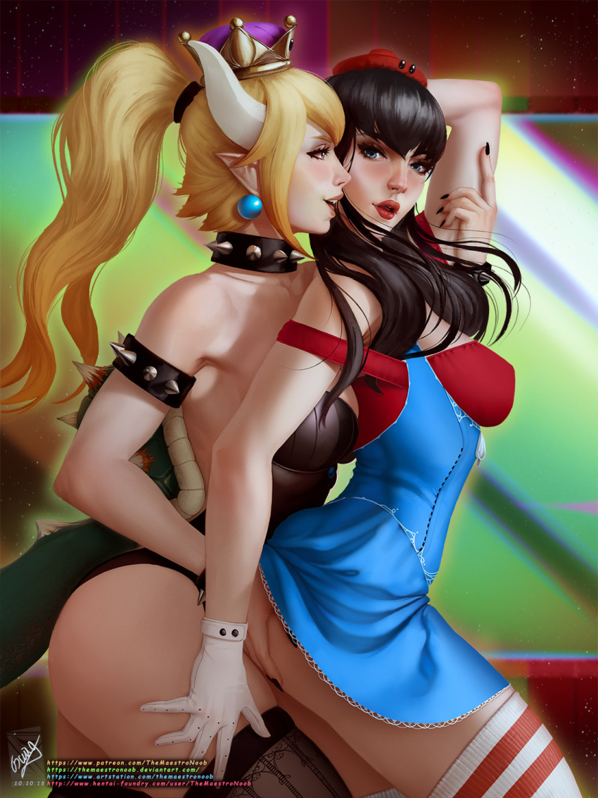 2girls :d armlet bare_shoulders black_hair black_leotard black_nails black_thighhighs blonde_hair bowsette character_request collar dress earrings genderswap genderswap_(mtf) gloves green_dress hand_on_another's_ass highres horns jewelry leotard lizard_tail looking_at_viewer looking_to_the_side mario mario_(series) multiple_girls nail_polish pointy_ears ponytail red_headwear red_thighhighs smile spiked_armlet spiked_collar spiked_shell spikes tail teeth themaestronoob thighhighs white_gloves white_horns white_thighhighs