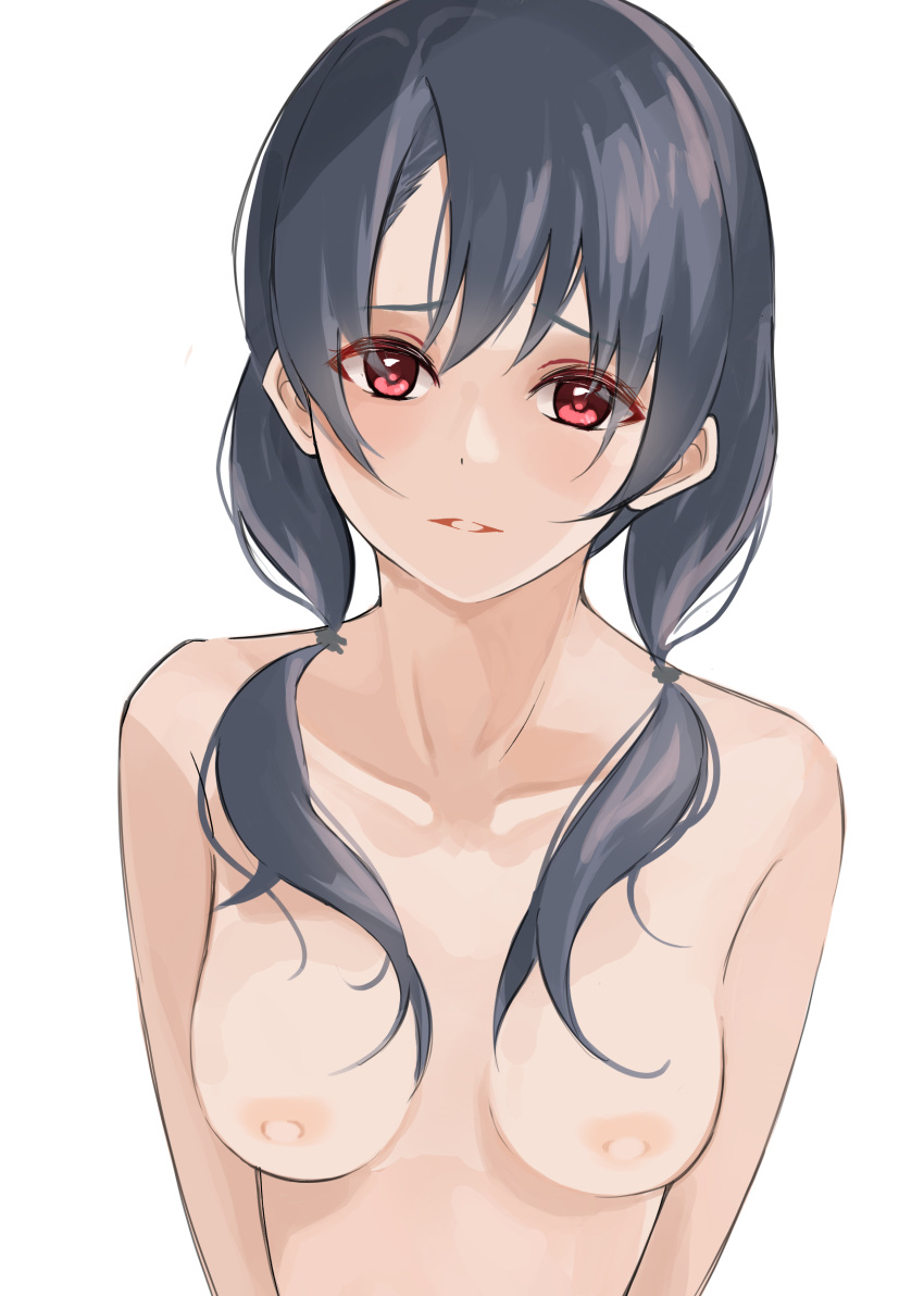 1girl absurdres breasts collarbone harada_(typeharada) highres idolmaster idolmaster_million_live! long_hair looking_at_viewer medium_breasts nipples red_eyes simple_background solo takayama_sayoko twintails white_background