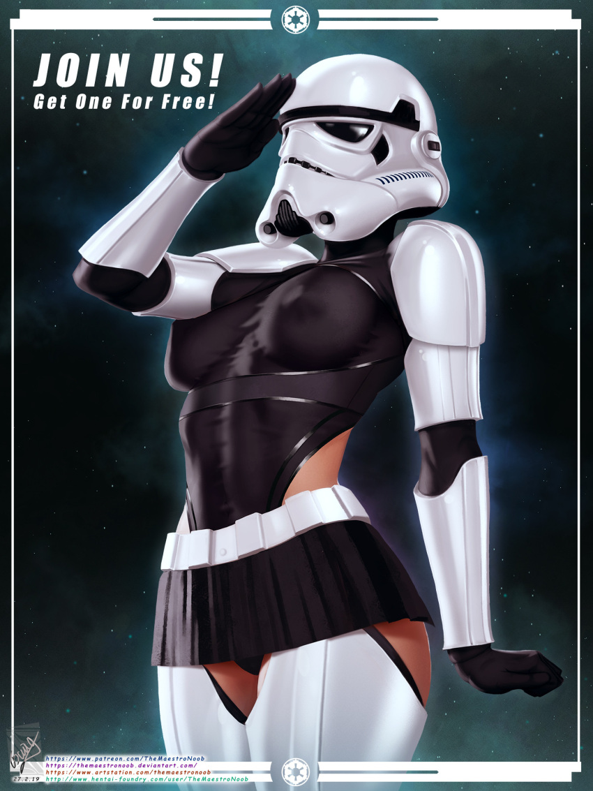 1girl arm_at_side arm_up belt black_leotard black_skirt covered_nipples cowboy_shot english_text groin helmet highres leotard miniskirt salute skirt solo star_wars starry_background stormtrooper themaestronoob thighhighs web_address white_belt white_thighhighs