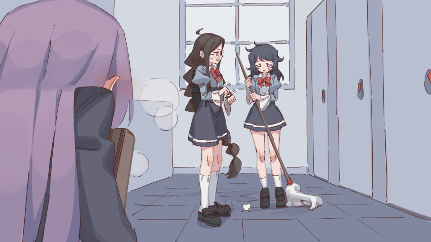 3girls ahoge angry backpack bag bathroom black_footwear black_hair black_jacket blue_shirt blue_skirt blush book bow bowtie breasts breath brown_hair buttons center_frills clenched_hand clenched_teeth collared_shirt collibe_(rune_(dualhart)) commentary_request door ear_blush english_commentary frills from_behind full_body glasses half-closed_eyes hands_up have_to_pee high-waist_skirt highres holding holding_book holding_mop indoors jacket juliet_sleeves kneehighs light_blush locked long_hair long_sleeves low-tied_long_hair messy_hair miniskirt mixed-language_commentary mop mopping multi-tied_hair multiple_girls open_mouth orange_eyes original partial_commentary puffy_sleeves purple_eyes purple_hair raised_eyebrows red_bow red_bowtie rune_(dualhart) shirt shirt_tucked_in shoes sidelocks sideways_mouth skirt small_breasts socks standing sweat tapping_watch teacher teeth tile_floor tiles toilet_stall v-shaped_eyebrows very_long_hair watch white_socks wide_sleeves window wristwatch yurina_(rune_(dualhart)) zofia_(rune_(dualhart))