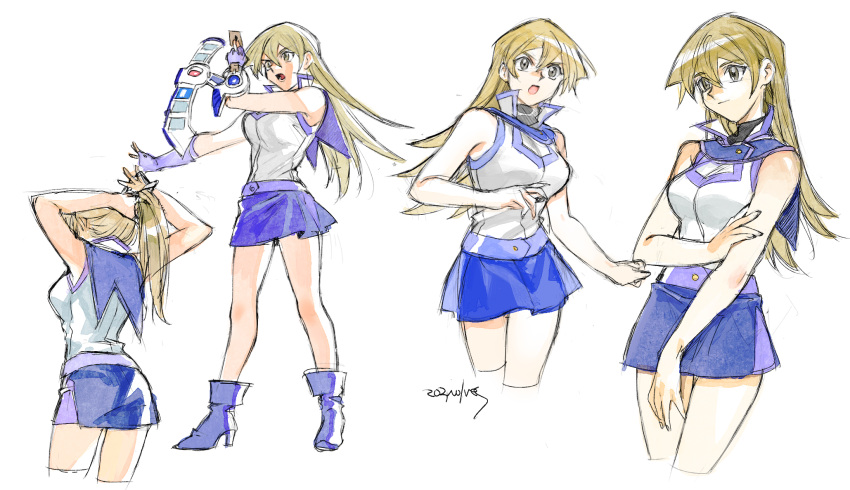 203wolves arms_up bare_arms blonde_hair blue_footwear blue_skirt breasts card cropped_legs duel_academy_uniform_(yu-gi-oh!_gx) duel_disk fingerless_gloves floating_hair gloves highres holding holding_card long_hair medium_breasts miniskirt open_mouth purple_gloves purple_sailor_collar sailor_collar shiny shiny_hair shirt simple_background sketch skirt sleeveless sleeveless_shirt tenjouin_asuka tying_hair very_long_hair white_background white_shirt yu-gi-oh! yu-gi-oh!_gx