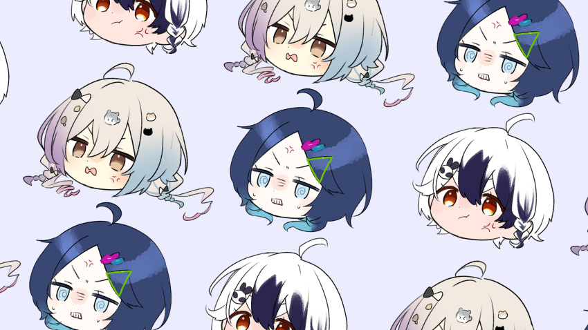 3girls @_@ ahoge anger_vein artist_self-insert black_hair blue_background blue_eyes blue_hair braid brown_eyes chibi closed_mouth commentary_request gradient_hair hair_between_eyes hair_ornament head_only highres indie_virtual_youtuber kashikaze_(vtuber) light_blue_hair multicolored_hair multiple_girls nervous_sweating open_mouth orange_eyes original pout purple_hair rabbit_hair_ornament side_braid simple_background sweat two-tone_hair wavy_mouth white_hair yuama_(drop)