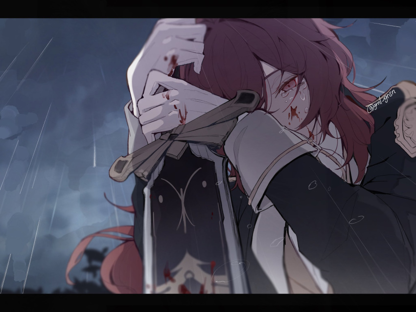 1boy black_sleeves blood blood_on_face blood_on_hands crying crying_with_eyes_open diluc_(genshin_impact) genshin_impact greatsword grnl_gnsn highres holding holding_sword holding_weapon long_hair long_sleeves male_focus night rain red_eyes red_hair sad solo stab sword tears twitter_username weapon