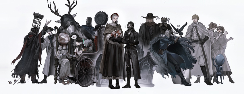 ... 6+boys 6+girls absurdres antlers arm_up bird black_capelet black_cloak black_dress black_footwear black_gloves black_hair bloodborne bloody_crow_of_cainhurst blue_coat bonnet boots brown_capelet brown_hair brown_scarf cage cape capelet celestial_child celestial_minion chair character_request chinese_commentary cloak closed_eyes coat commentary_request covered_eyes covered_face cross-laced_footwear crow dress elbow_gloves everyone fringe_trim full_body fur_cape gehrman_the_first_hunter gloves grey_cape grey_hair hat helm helmet highres holding holding_clothes holding_hat hood hood_up horns hunter_(bloodborne) iosefka jewelry knee_boots lady_maria_of_the_astral_clocktower laurence_the_first_vicar mask micolash_host_of_the_nightmare mouth_mask multiple_boys multiple_girls open_mouth pendant plain_doll ponytail ramiica red_headwear saint_adeline scarf shared_speech_bubble short_hair simple_background sitting smile speech_bubble spoken_ellipsis spoken_object tombstone torn_cloak torn_clothes vicar_amelia wheelchair white_background white_cape white_dress yurie_the_last_scholar