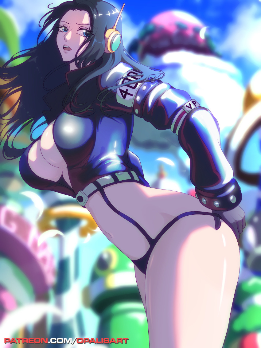 1girl absurdres arm_rest armlet artist_name ass bell_sleeves bikini black_bikini black_border black_gloves black_jacket blue_sky blurry blurry_background border cloud cloudy_sky crop_top cropped_jacket ear_covers from_side gloves hand_on_own_ass highres jacket long_hair long_sleeves looking_at_viewer looking_to_the_side midriff nico_robin one_piece opalis parted_lips patreon_username profile sideways_glance sideways_mouth signature sky solo standing studded studded_sleeves swimsuit thighhighs