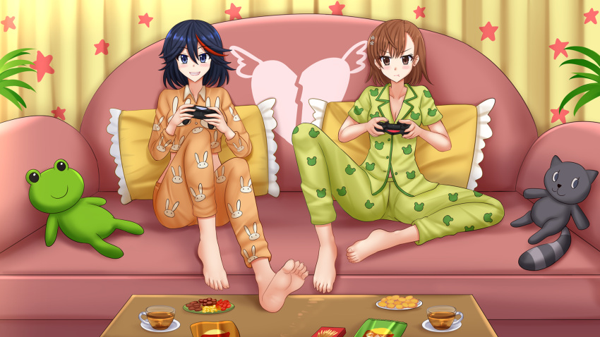 animal_print annoyed black_hair blue_eyes blue_hair blush breasts brown_eyes brown_hair cleavage commission controller couch crop_top english_commentary frog_print full_body gekota green_pajamas grin hair_between_eyes hands_up happy highres holding holding_controller indoors kazenokaze kill_la_kill knees_up matoi_ryuuko medium_breasts medium_hair midriff misaka_mikoto multicolored_hair on_couch orange_pajamas pajamas playing_games pout rabbit_print red_hair small_breasts smile spread_legs streaked_hair stuffed_animal stuffed_toy toaru_kagaku_no_railgun toaru_majutsu_no_index tomboy two-tone_hair video_game