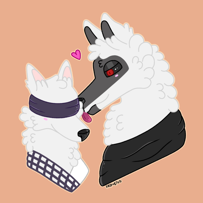 &lt;3 affectionate alleycat8706_(artist) anthro blindfold blush canid canine canis cheek_lick cheek_tuft clothing death_(puss_in_boots) dreamworks duo face_lick facial_markings facial_tuft fan_character fluffy fur fuzzy half-closed_eyes head_markings head_tuft headshot_portrait licking licking_another looking_at_another looking_at_partner love male male/male mammal markings mask_(marking) narrowed_eyes neck_tuft portrait puss_in_boots_(dreamworks) red_eyes simple_background smile tongue tongue_out tuft white_body white_fur wolf