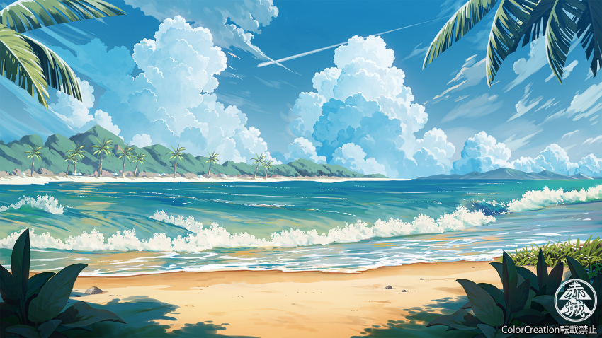 beach blue_sky cloud cloudy_sky color_creation commentary cumulonimbus_cloud day highres mountainous_horizon no_humans ocean original outdoors palm_tree scenery sky summer tree