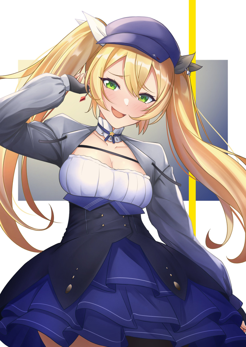 1girl absurdres blonde_hair blue_dress blue_headwear blush breasts cabbie_hat choker cleavage collarbone commentary contrapposto cowboy_shot dokibird_(vtuber) dress fingerless_gloves framed_breasts frilled_choker frills gloves green_eyes grey_jacket hair_between_eyes hair_ribbon hat head_tilt highres indie_virtual_youtuber jacket layered_dress long_hair long_sleeves looking_at_viewer medium_breasts mr2d open_clothes open_jacket open_mouth ribbon simple_background smile solo star_(symbol) star_choker symbol-only_commentary twintails underbust very_long_hair virtual_youtuber