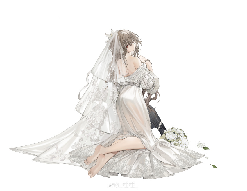 1girl absurdres ass back barefoot bouquet bridal_veil brown_hair chinese_commentary closed_mouth commentary_request crossed_ankles dress feet flower from_behind full_body girls'_frontline hair_between_eyes hair_flower hair_ornament highres kneeling long_hair looking_at_viewer looking_back mole mole_under_eye off-shoulder_dress off_shoulder red_eyes simple_background soles solo sp9_(girls'_frontline) strapless strapless_dress stribog_sp9 toes veil very_long_hair wedding_dress weibo_username white_background white_dress white_flower youamo