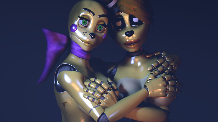 2019 3d_(artwork) 5_fingers animatronic anthro bear black_nose breasts clothing digital_media_(artwork) duo eyelashes female female/female fingers five_nights_at_freddy's fur golden_freddy_(fnaf) green_eyes hand_on_breast hat headgear headwear hi_res lagomorph leporid living_machine machine mammal necktie pysho rabbit robot scottgames spring_bonnie_(fnaf) top_hat yellow_body yellow_fur