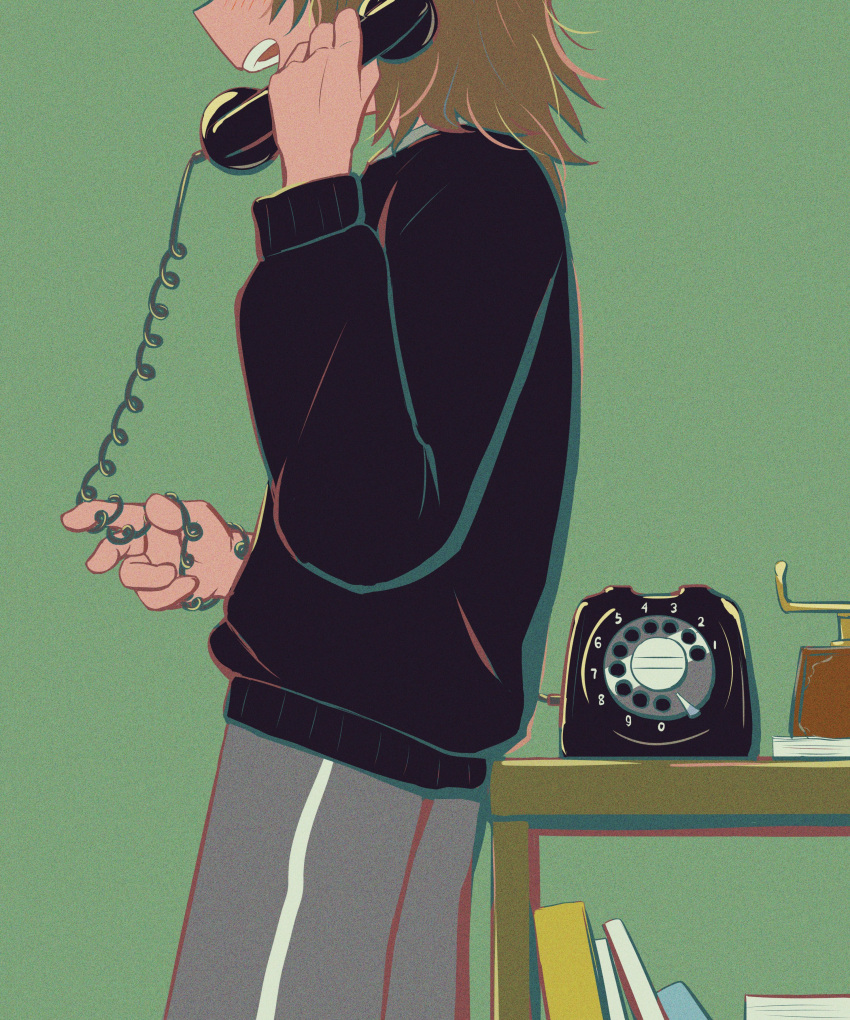 1boy absurdres antique_phone avogado6 black_sweater book brown_hair cable commentary_request corded_phone from_side grey_pants hand_up head_out_of_frame highres holding holding_cable holding_phone long_sleeves male_focus medium_hair messy_hair open_mouth original pants phone profile rotary_phone shadow shelf smile solo sweater talking_on_phone