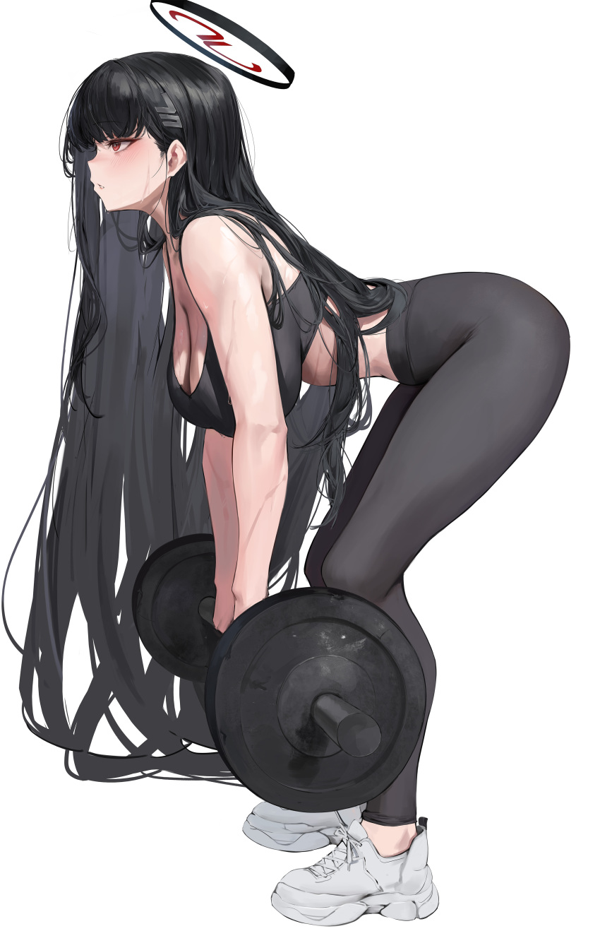 1girl absurdres alternate_costume barbell black_hair black_leggings black_sports_bra blue_archive blush breasts cleavage deadlift exercise from_side halo highres large_breasts leggings leviathan_(hikinito0902) long_hair looking_ahead rio_(blue_archive) sagging_breasts shoes simple_background sneakers solo sports_bra sweat very_long_hair white_background