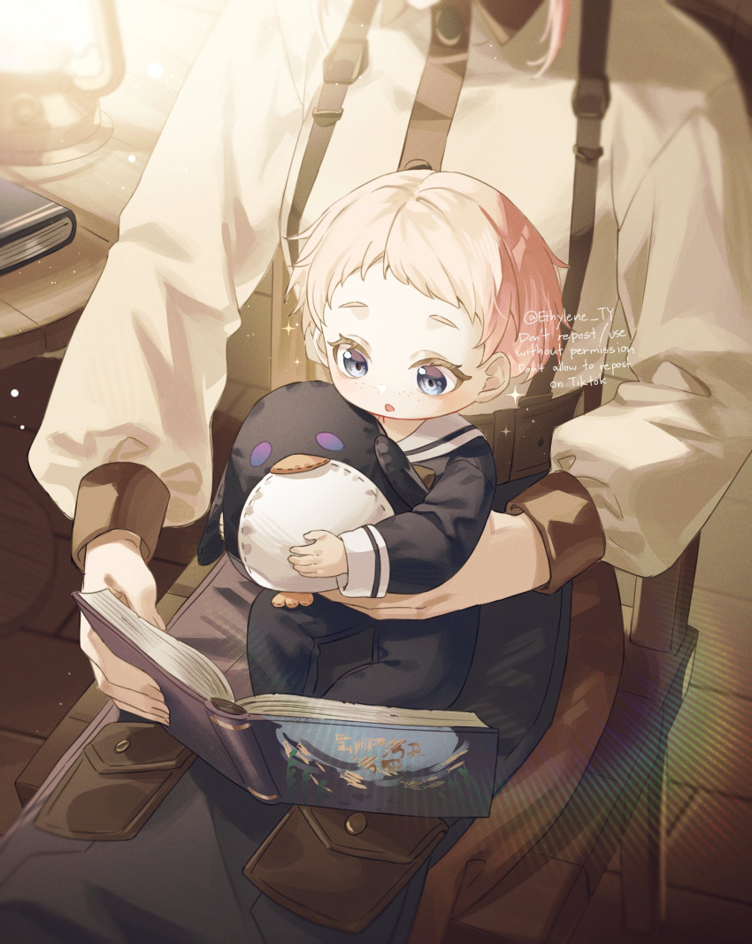 2boys :o aged_down apron artist_name baby belt black_apron black_pajamas blonde_hair blue_eyes book brown_belt brown_pants chair collared_shirt commentary english_commentary ethylene_ty eyelashes freckles freminet_(genshin_impact) genshin_impact head_out_of_frame highres holding holding_book holding_stuffed_toy indoors kerosene_lamp light_particles long_sleeves male_focus multiple_boys on_chair onesie open_book open_mouth pajamas pants pers_(genshin_impact) reading sailor_collar shirt short_hair sitting sitting_on_lap sitting_on_person sparkle stuffed_animal stuffed_penguin stuffed_toy suspenders table twitter_username white_sailor_collar white_shirt wooden_chair wooden_floor wooden_table