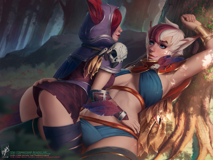 2girls armpits ass black_panties black_thighhighs blue_eyes breasts ears_through_headwear feathers forest grey_hair hand_on_another's_ass large_breasts league_of_legends multiple_girls nature outdoors panties rakan_(league_of_legends) red_hair short_hair short_sleeves smile themaestronoob thighhighs tree underwear web_address xayah yuri