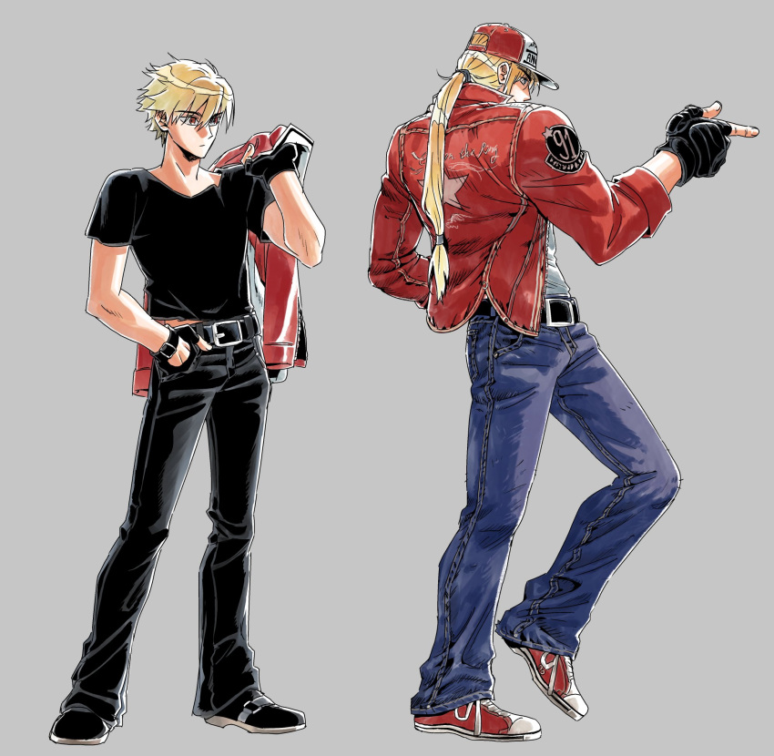 2boys baseball_cap belt blonde_hair blue_eyes denim fatal_fury fatal_fury_cap fingerless_gloves garou:_mark_of_the_wolves gloves hat highres jacket jeans long_hair male_focus multiple_boys muscular pants ponytail red_eyes red_jacket rock_howard shirt short_hair simple_background snk terry_bogard the_king_of_fighters the_king_of_fighters_xiv ylsimm9