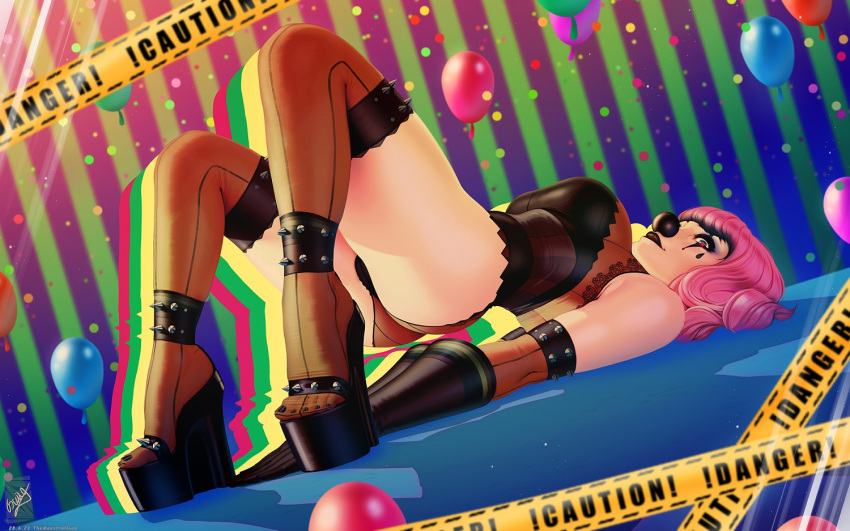 1girl ace_attorney artist_name ass black_footwear black_gloves black_panties breasts caution_tape clown clown_nose dated detached_sleeves elbow_gloves geiru_toneido gloves high_heels knees_up large_breasts medium_hair multicolored_hair nail_polish orange_panties orange_sleeves orange_theme panties pink_hair signature smile solo striped_background striped_sleeves themaestronoob toenail_polish toenails two-tone_hair underwear