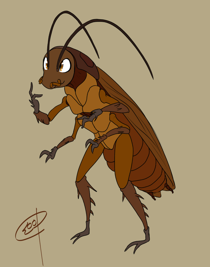 2021 2_fingers 2_toes 4_arms antennae_(anatomy) anthro arthropod blattodea brown_background brown_body cockroach cybermananon feet fingers hi_res insect male multi_arm multi_limb nude plantigrade simple_background smile solo standing toes wings yellow_eyes
