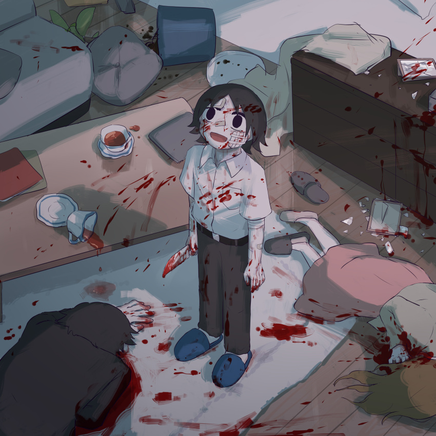 1girl 2boys absurdres avogado6 bandaged_arm bandages bandaid bandaid_on_arm bandaid_on_face belt black_belt black_eyes black_hair black_pants blank_stare blood blood_on_clothes blood_on_face blood_on_ground blood_on_hands blood_on_knife blood_on_wall brown_hair brown_shirt chest_of_drawers collared_shirt commentary_request corpse cup dress_shirt empty_eyes face_down from_above gauze_on_cheek highres holding holding_knife knife long_skirt long_sleeves looking_up messy_room multiple_boys murder open_hands open_mouth original pants parent_and_child pink_skirt pool_of_blood rug shirt short_hair short_sleeves skirt slippers smile spill table tea teacup tearing_up wide-eyed wide_shot