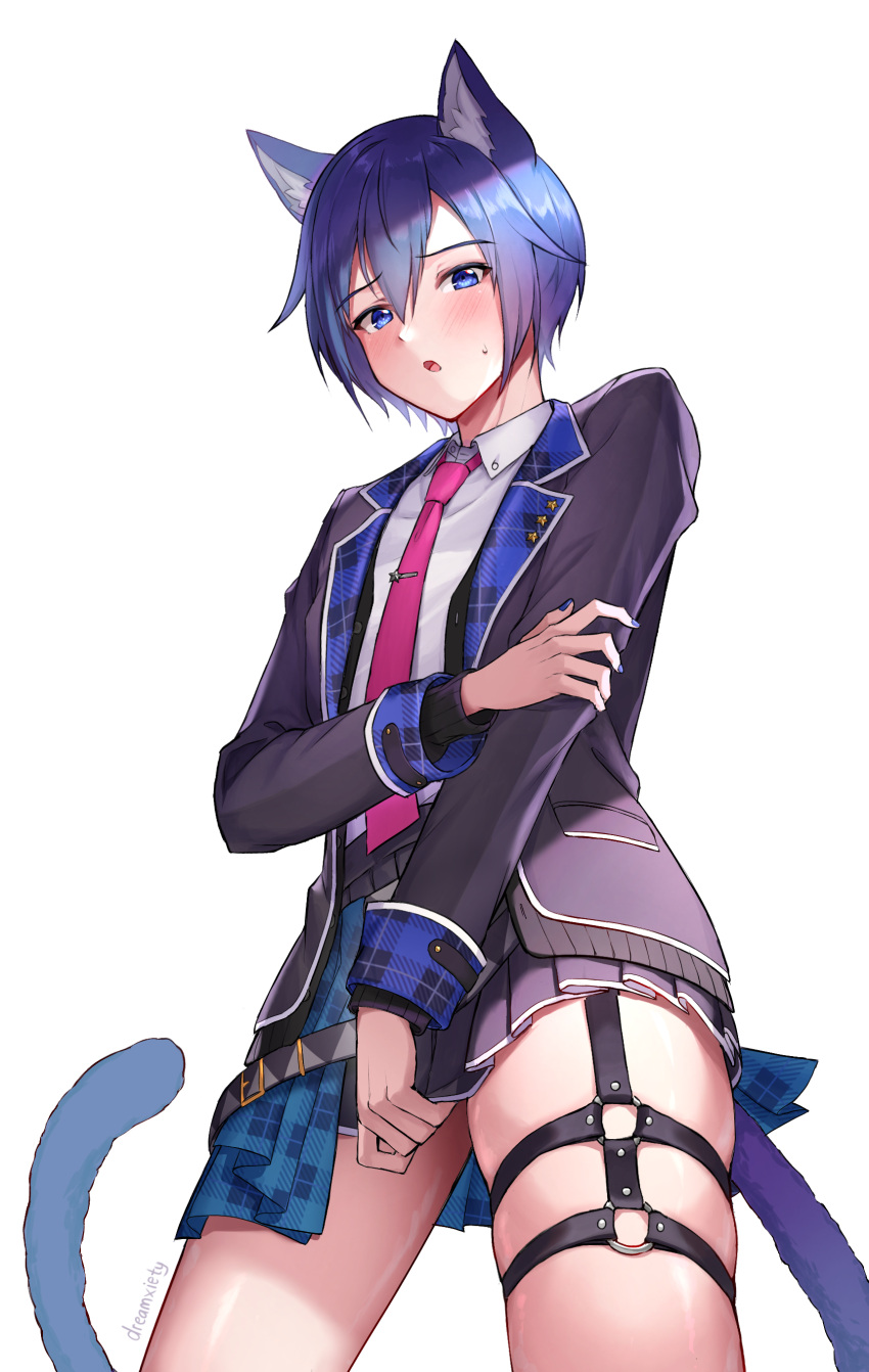 1boy absurdres animal_ears artist_name black_skirt blue_eyes blue_hair blush bridal_garter cat_boy cat_ears cat_tail commentary covering_privates cropped_legs crossdressing dreamxiety embarrassed english_commentary from_below highres jacket kaito_(vocaloid) looking_at_viewer looking_down male_focus necktie open_mouth pink_necktie pleated_skirt project_sekai skirt tail thighs vocaloid