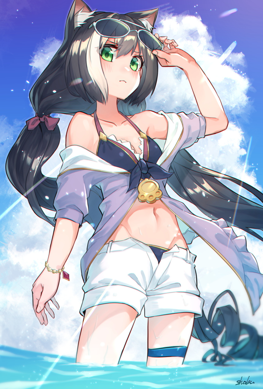 1girl animal_ear_fluff animal_ears bangs bare_shoulders bikini_bottom bikini_top black_hair blush breasts cat_ears cat_tail cloud cloudy_sky commentary_request cowboy_shot eyebrows_visible_through_hair from_below frown green_eyes groin halter_top halterneck hand_on_own_head highres kyaru_(princess_connect) lens_flare long_hair looking_at_viewer looking_down multicolored_hair navel open_pants outdoors princess_connect! princess_connect!_re:dive removing_eyewear sho_bu_1116 short_shorts shorts sky small_breasts solo standing streaked_hair sunglasses swimsuit tail thigh_strap twintails very_long_hair wading white_hair