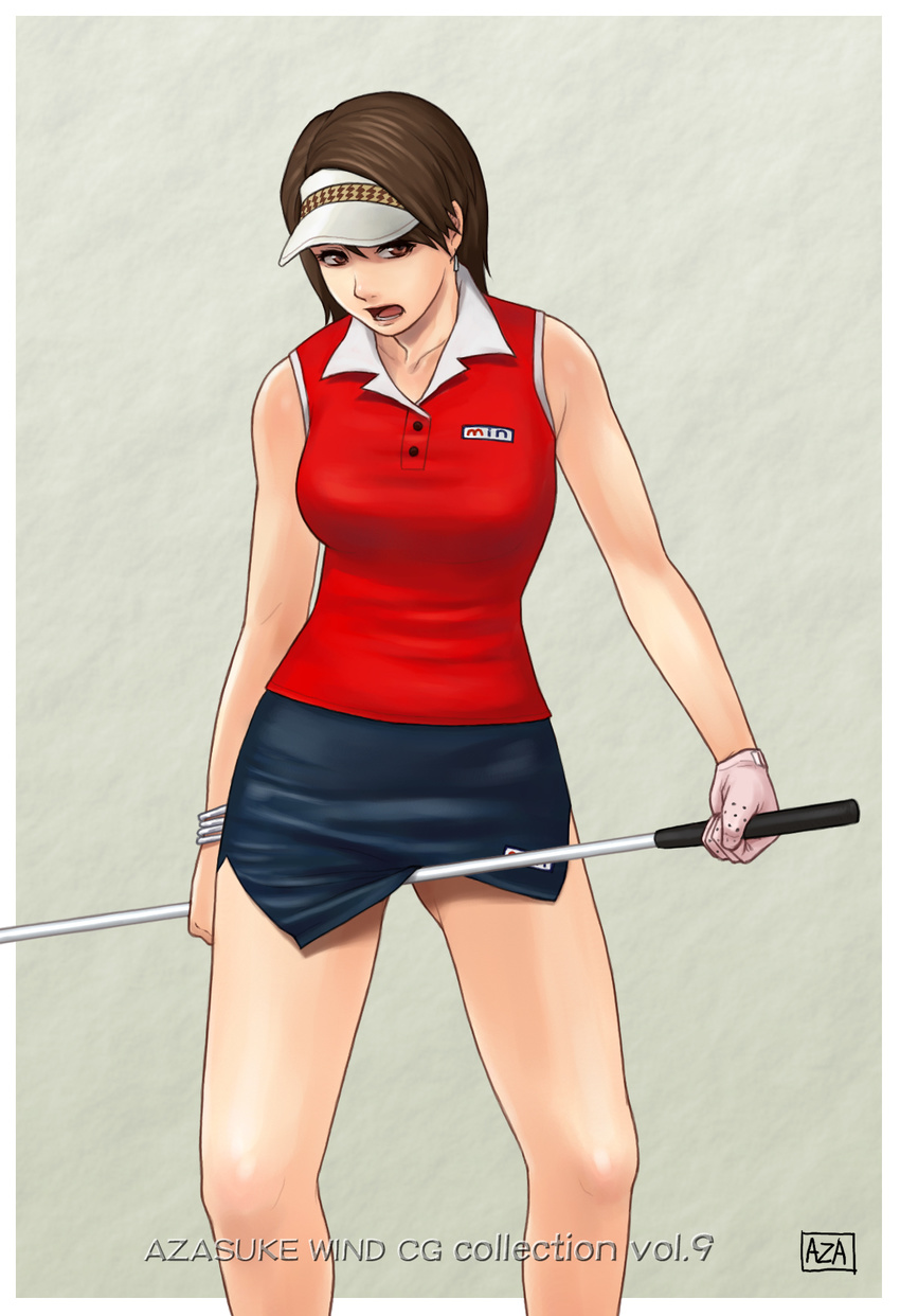 azasuke bare_shoulders between_legs blouse breasts brown_eyes brown_hair clap_hanz earrings female gloves golf_club highres hot_shots_golf hot_shots_golf_fore! jewelry kyouko_(hot_shots_golf) looking_at_viewer masturbation minna_no_golf open_mouth skirt skirt_lift solo standing visor